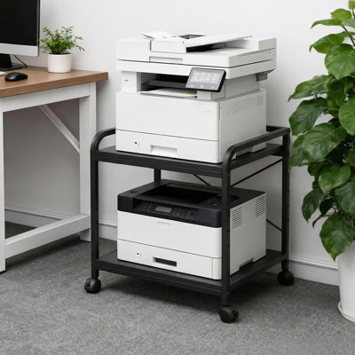 Large 2-Tier Under Desk Printer Stand – 20" Deep Mobile Organizer with Adjustable Shelf, Storage Space, Easy-Roll Wheels – Office Cabinet Shelf, Black