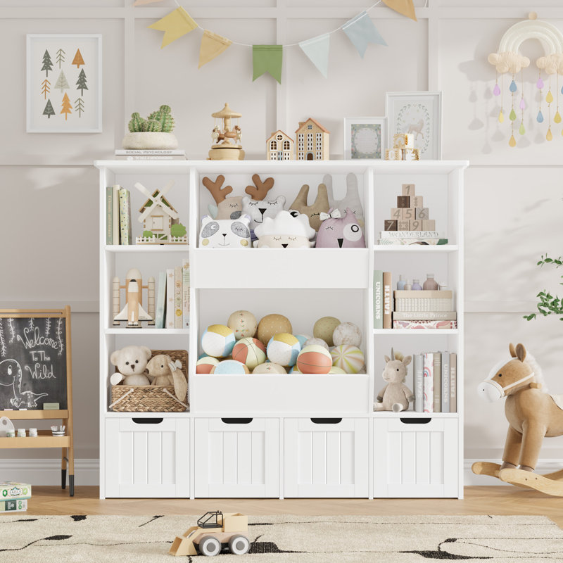 Alayzhia 49'' H X 46.5'' Wood Storage Bookcase, Toys Organizer, White