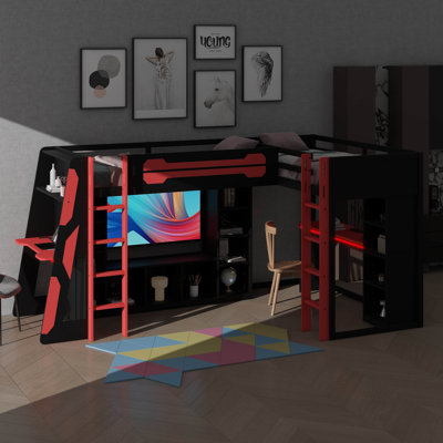 Lit mezzanine simple en L avec bureaux intégrés, base de lit de jeu en bois avec DEL RVB, connecteurs USB, support pour téléviseur et rangement