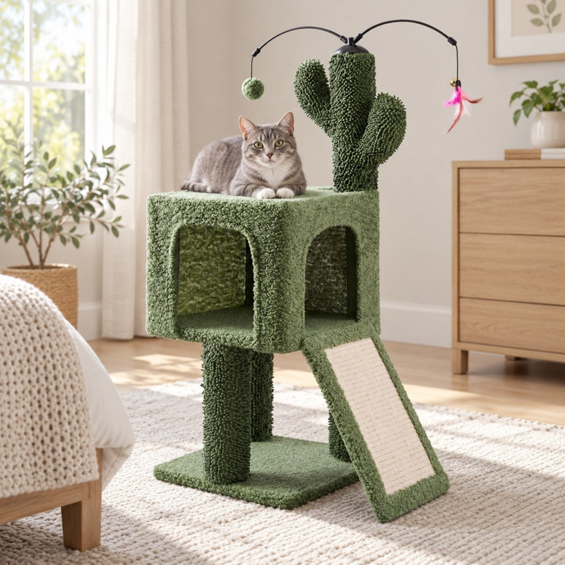32" Cactus Cat Tree with Condo, Sisal Scratching Post and Interactive Toys