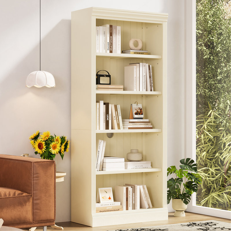 Tall Wood Bookcase Suite With Light Strip ,5-Tier Decor Bookcase Suite With Adjustable Shelves,Storage Organizer,Free Standing Storage Shelves Suite For Living Room,Home Office,Beige And Yellow
