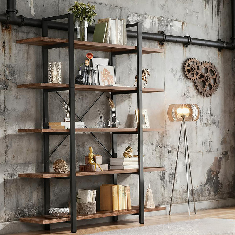 Très grande bibliothèque à 5 niveaux avec tablettes rustiques réglables pour les livres et la décoration.