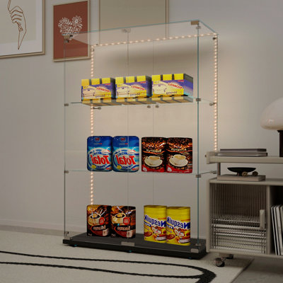 Storage Cabinet, Glass, Tempered Display,Wine,,File, Tempered Top,Bluetooth Led Light Strip,With Door Lock