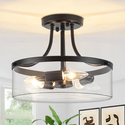 3 - Light Gold Semi Flush Mount Ceiling Light With Glass Shade
