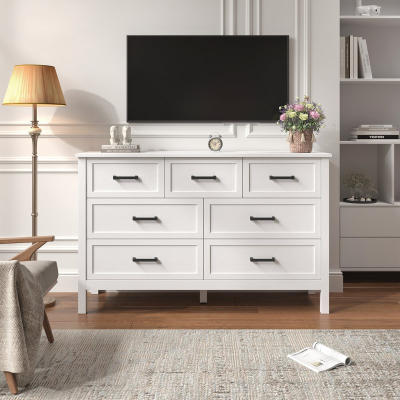 Commode moderne à 7 tiroirs l 47 po, commode blanche pour chambre à coucher, tiroirs à fermeture en douceur et conception anti-basculement