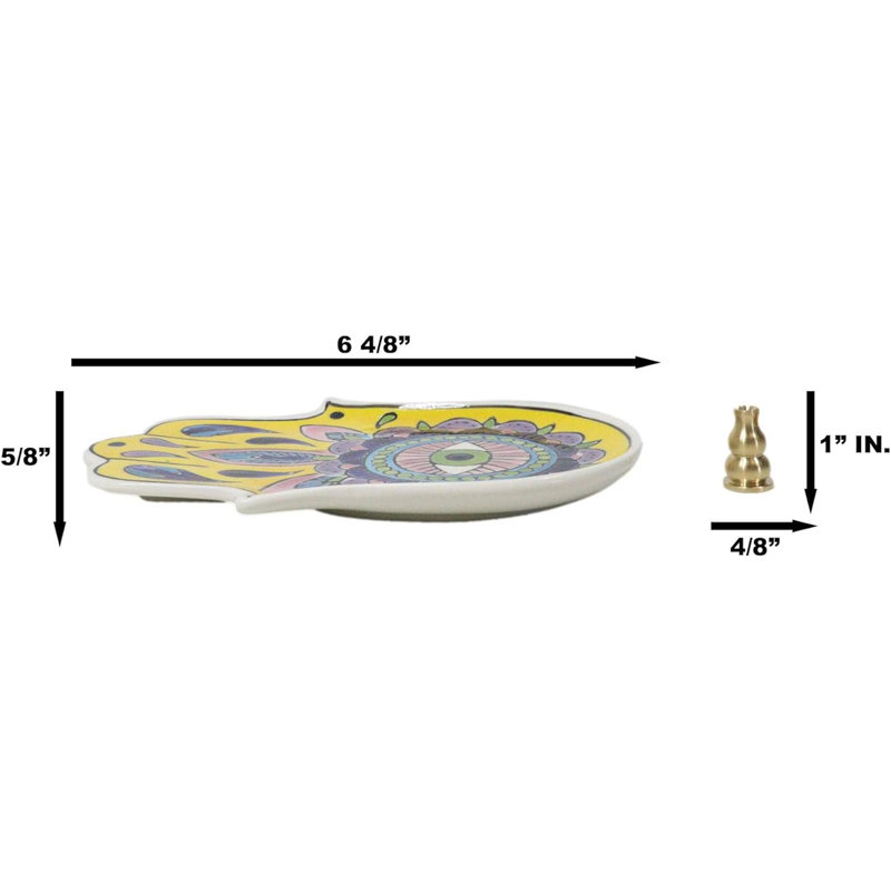 Yellow Chakra Hamsa Palm Mandala And Evil Eye Ceramic Dish Brass Incense Holder