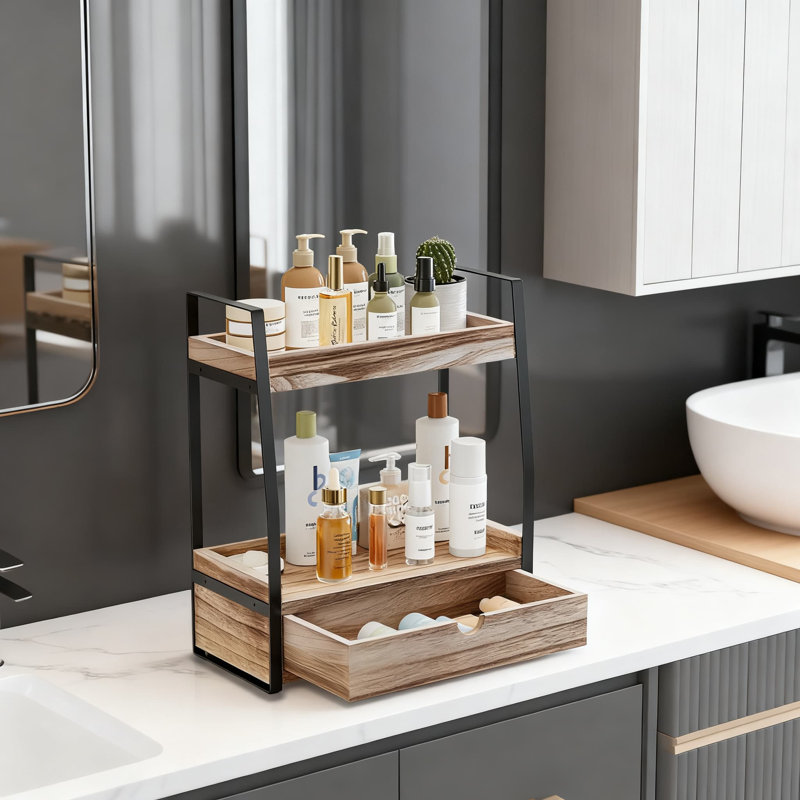Organisateur de comptoir de salle de bain à 2 niveaux avec tiroirs, tablette de rangement multifonctionnelle pour meuble-lavabo, cuisine, bureau et salon, conception peu encombrante avec fabrication en métal et en bois stable