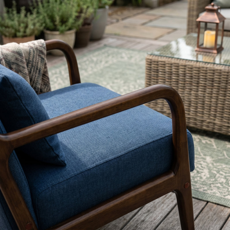 Mid Century Modern Accent Chair in Cotton-Linen Blue Upholstery with Solid Wood Frame