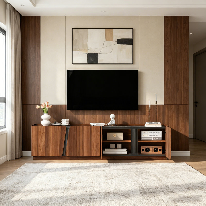 Armoire de rangement moderne avec coins arrondis, plateau contrastant en marbre et tablettes intérieures réglables, Chêne