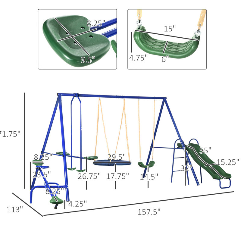 Balançoire de cour arrière d'une capacité de 616 lb - 5 en 1 robuste avec balançoire à soucoupe, glissade, balançoire à bascule, deux balançoires, siège bleu Expression extérieur pour cadre