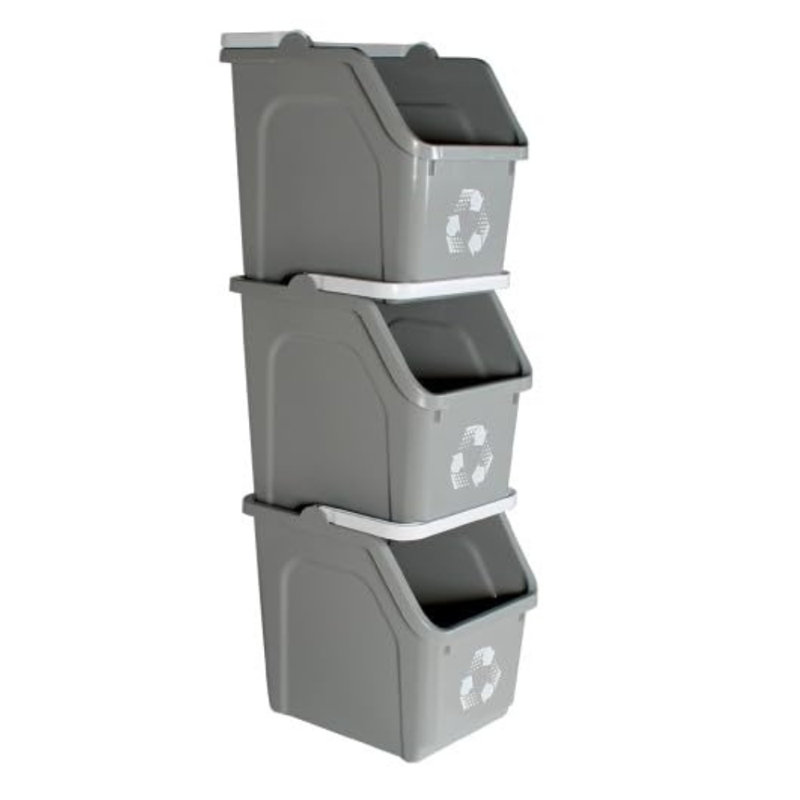 Système de bacs de recyclage multiples Sturdy Essentials avec trois bacs empilables de 6 gallons avec poignées de transport, empilables et compacts pour les bureaux, les maisons, les garages et les entreprises - (gris, paquet de 3)