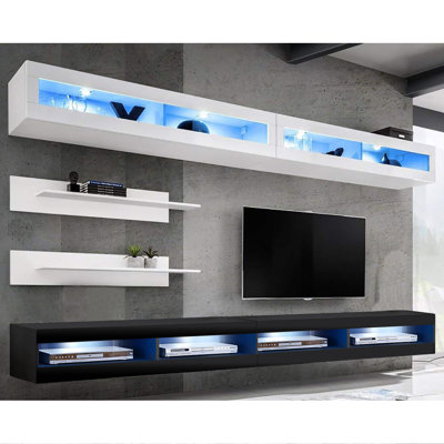 Lonergan 126" Modern Floating Wall Mounted Entertainment Center with 16-Color LED Lighting, High Gloss Finish