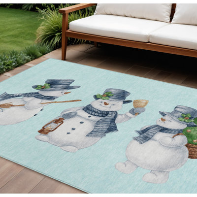 Tapis intérieur lavable 8 pi x 10 pi bleu ciel et ivoire bonhommes de neige