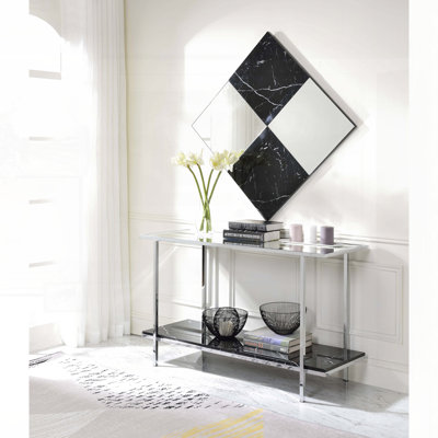 Console à miroir avec tablette en faux marbre et structure en chrome
