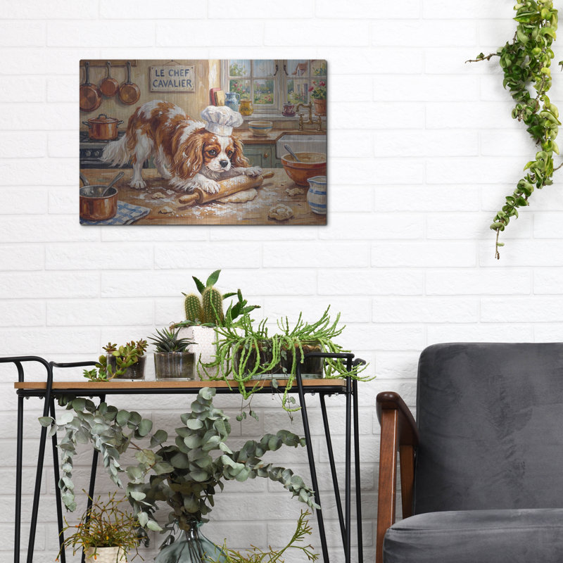 «Cavalier King Charles Spaniel In The Kitchen» par Rich Monet, art mural en métal, 16 po x 12 po, H 12 po x l 16 po