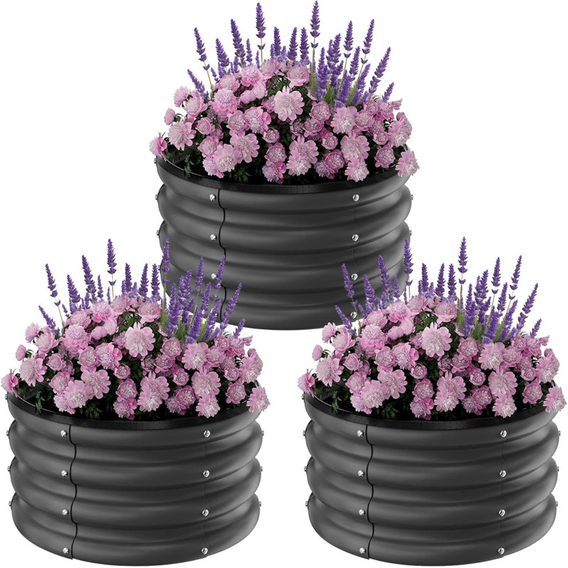 3-Pack Round Galvanized Steel Raised Garden Beds - 2x2x1Ft Heavy-Duty Open-Bottom Planters Black, Black