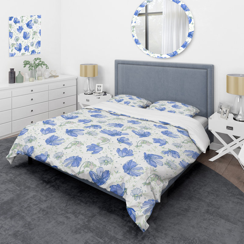 Ensemble de housse de couette en microfibre bleu / blanc 3 pièces, Housse de couette pour grand lit et 2 taies décor