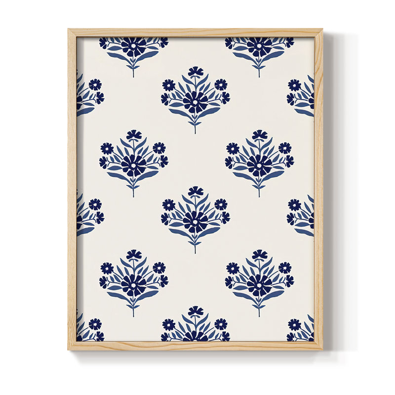 Motif de fleurs indigo I, reproduction encadrée - bois massif, H 21 po x l 17 po