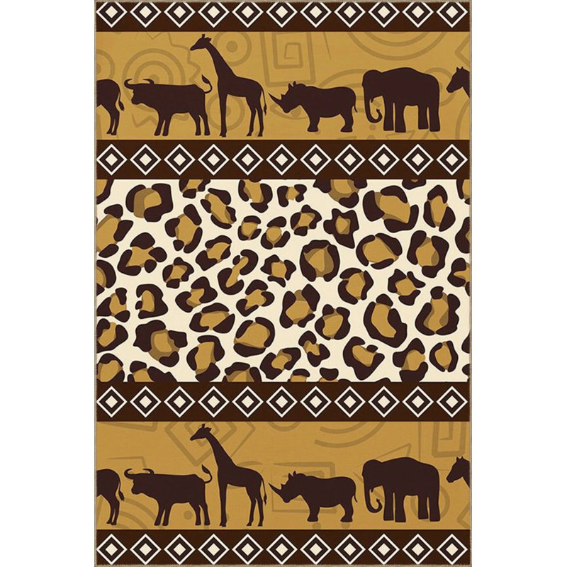 Tapis décoratif moderne à motif de rhinocéros et d'éléphants à motif de brun et beige, Rond 3 pi 4 po