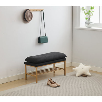 Banc de bout de lit avec tablette, banc de rangement pour chaussures rembourré en lin, banc de chambre moderne avec pieds en métal pour le salon, le vestibule, la salle à manger, 300 lb, couleur lin (noir)