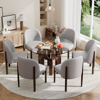 Ensemble de table ronde moderne en verre et chaises rembourrées 4/6, base géométrique avec sièges beiges pour la cuisine et la salle à manger