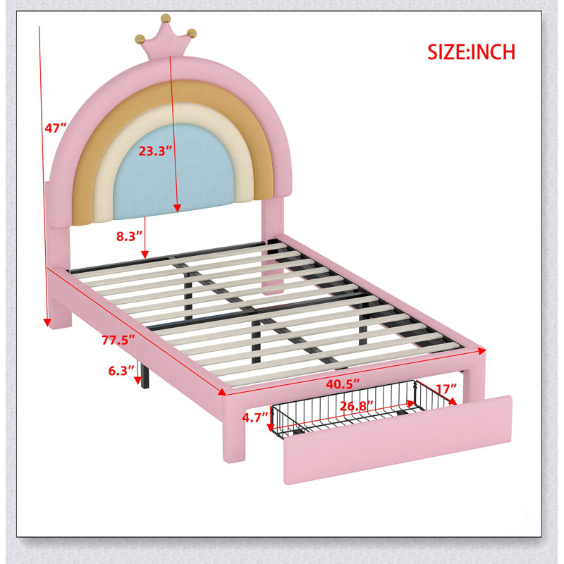 Lit simple tapissier en velours arc-en-ciel avec tiroir de rangement, aucun sommier nécessaire, idéal pour les chambres de princesse