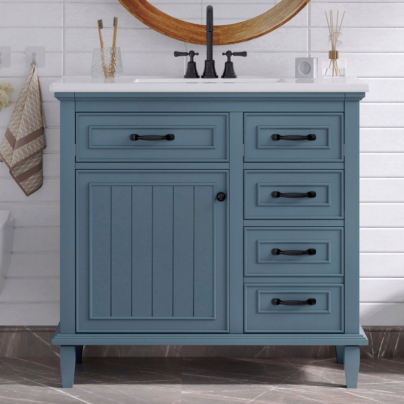 Meuble-lavabo 36 po avec comptoir en céramique, structure en bois massif, armoire en MDF et peuplier, tiroirs rabattables, tablette réglable et poignées en alliage de zinc