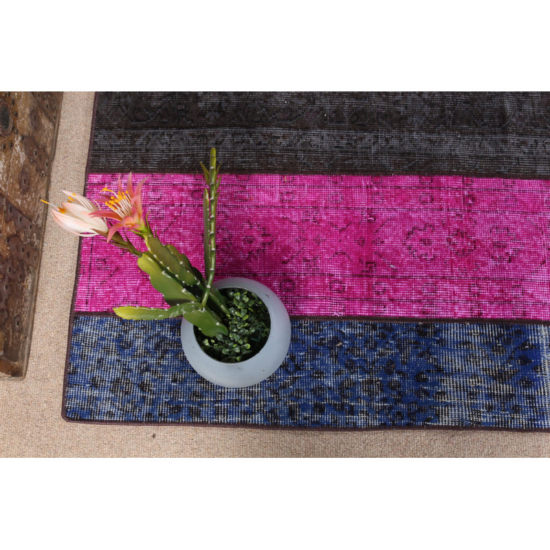 Tapis turc rose et jaune fait à la main avec rayures