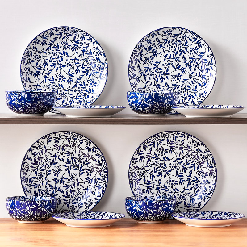 Piece Porcelain China Dinnerware Set - Service for 4, Blue Rattan Flower