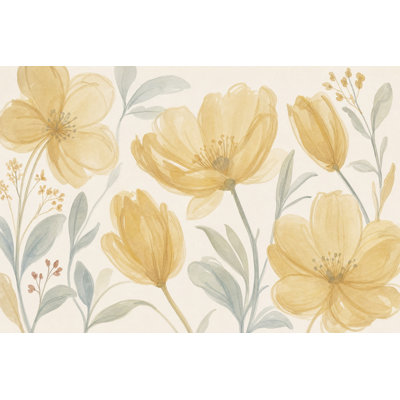 Papier peint aquarelle, fleurs jaunes, amovible, décoration murale rétro