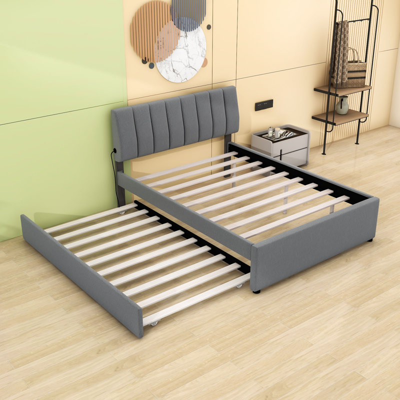 Lit plateforme double rembourré avec lit gigogne simple et lumières DEL Teddy, Gris