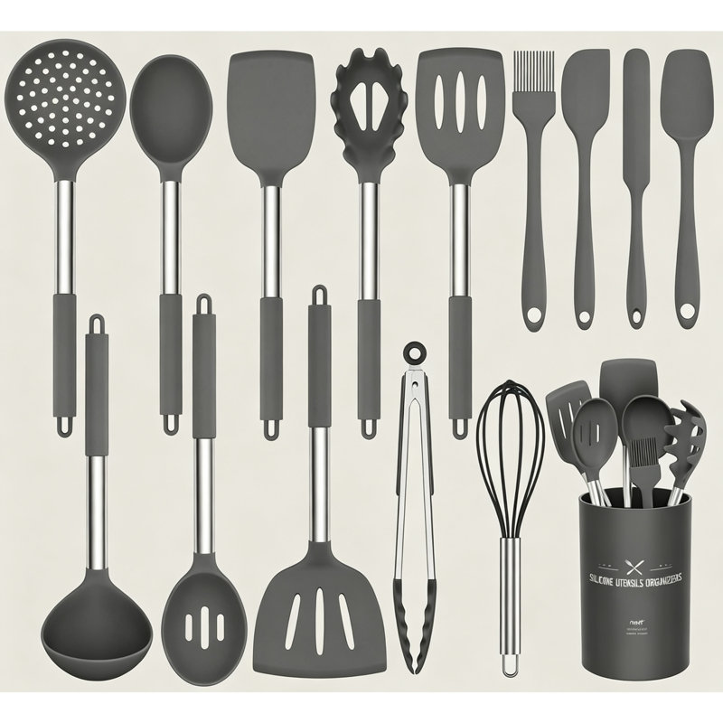 15‑Piece Silicone Kitchen Utensil Set, Heat‑Resistant Cooking Tools, Turner, Tongs, Spatula & Spoon, Safe for Non‑Stick Cookware, Grey