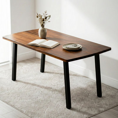 Dining Table with Solid Walnut Top and Black Metal Legs 