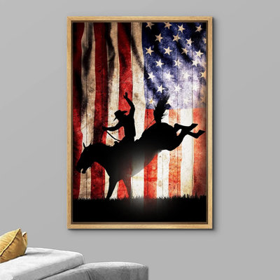 Western Cowboy " Patriotic Bucking Bronco Rider Silhoutte Rodeo Country Western Artwork Wood Effect Grain "