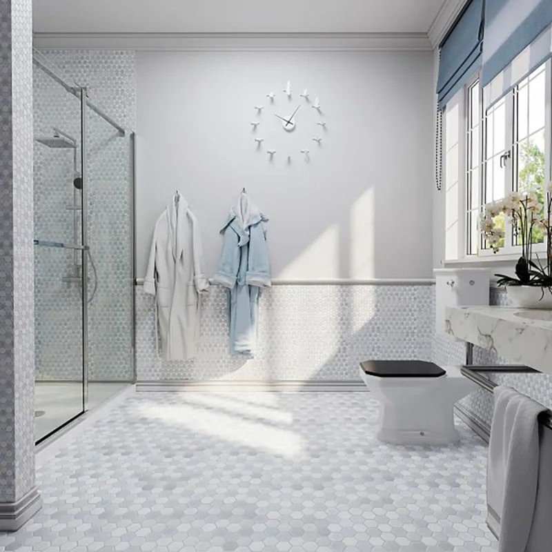 Nubes 12 x 12 Thassos, Blue Celeste, Paper White Marble Hexagon Tile (4.83 Sq Ft/Case) - 5 Pack