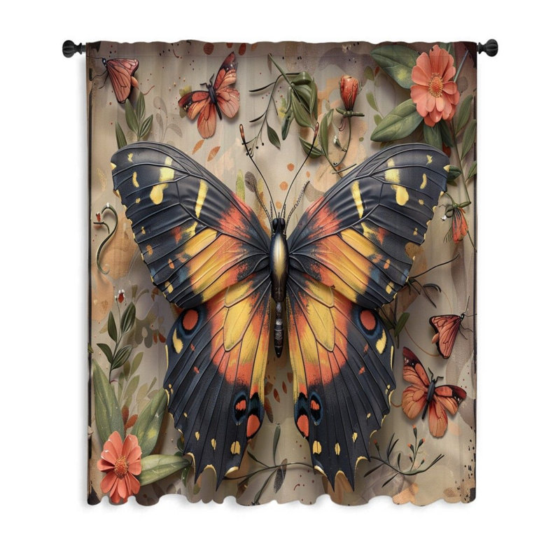 Colorful Butterfly Insect Sheer Curtain Single Panel, 53" W x 99" L