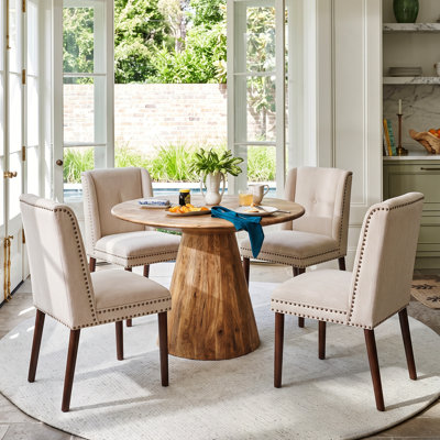 Bexley Modern Classic Rubber Wood Upholstered Dining Chair with Nailhead Trim and Wingback Design