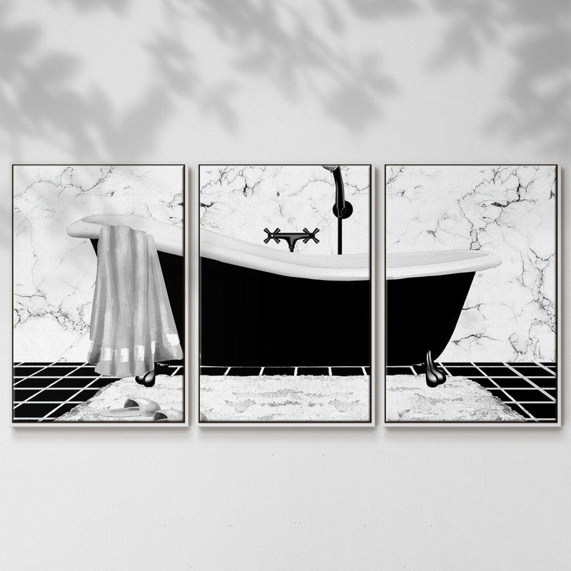Modern Bath I - 3 pièces, reproduction encadrée sur toile, H 40 po x l 78 po x P 2 po, Blanc