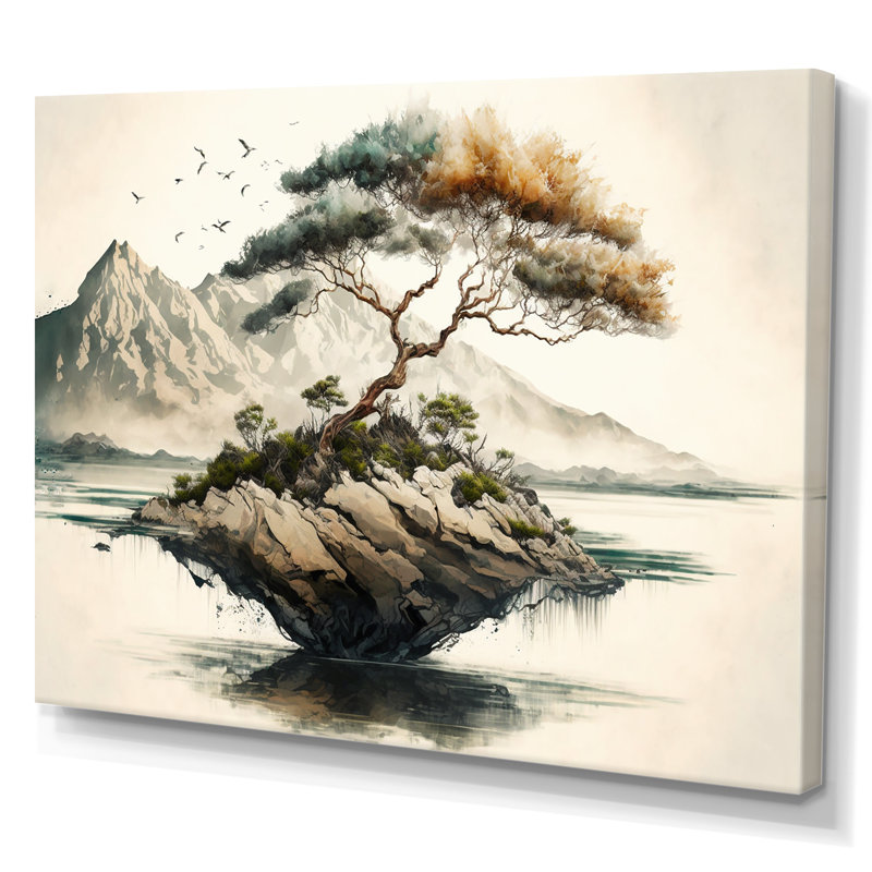 Bonsai par l'eau I - art mural moderne sur toile, Toile tendue, L 20 po x H 12 po