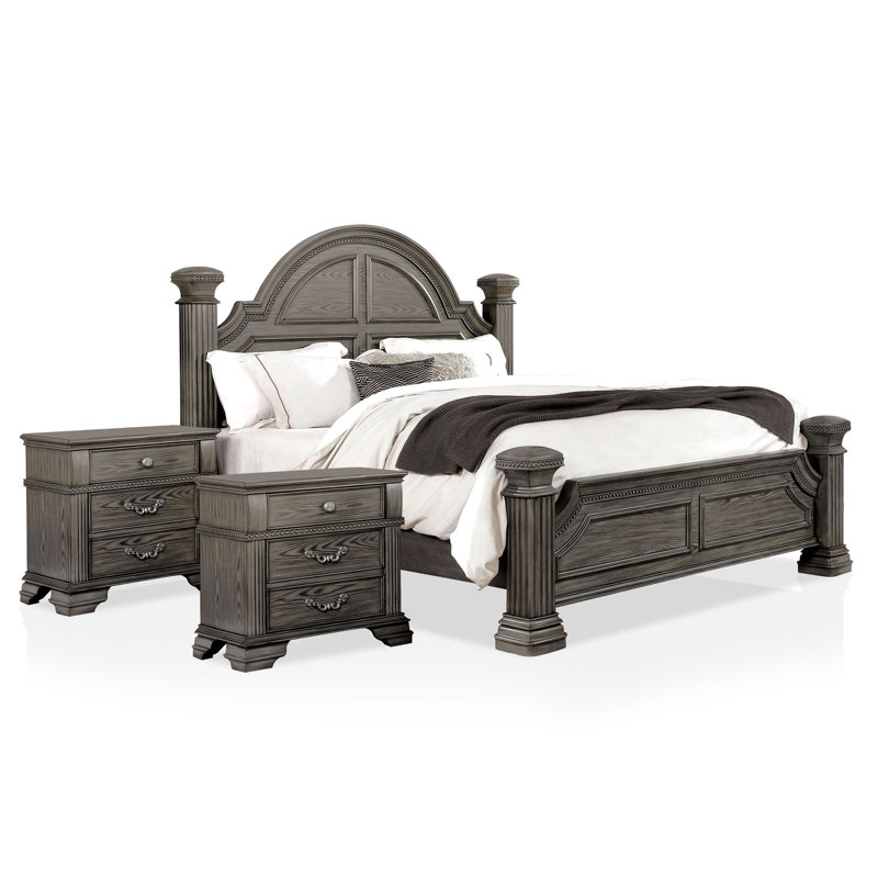 Ensemble de chambre à coucher en bois avec tête de lit en forme de cloche Adames, Gris, Grand lit