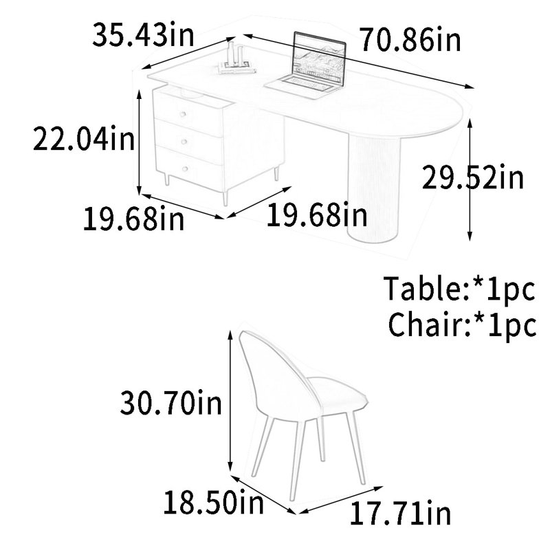 Bureau à dalle Rock avec tiroirs lisses, H 29,52 po x l 70,86 po x P 35,43 po