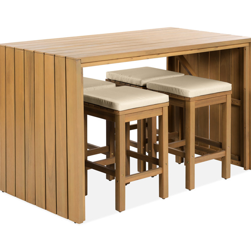 Bar de patio en bois 5 pièces avec quatre tabourets et coussins amovibles à haute densité, convenant à la détente au bord de la piscine, avec pieds réglables