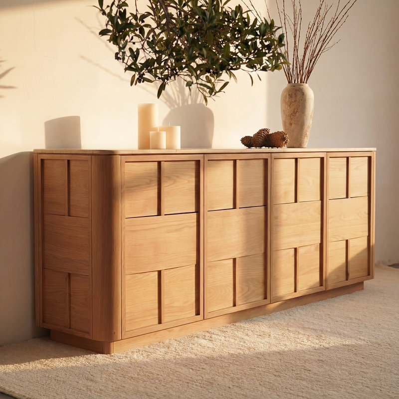 Hearth 84" Natural Oak Sideboard with Honed Travertine Top – Modern Buffet Storage Cabinet, Natural