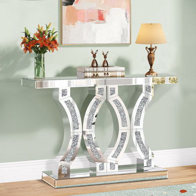 Console à miroir argentée avec incrustation de diamant concassé, table de couloir étroite de 39,37 po de long pour vestibule d'entrée, tables de canapé modernes en verre pour le salon