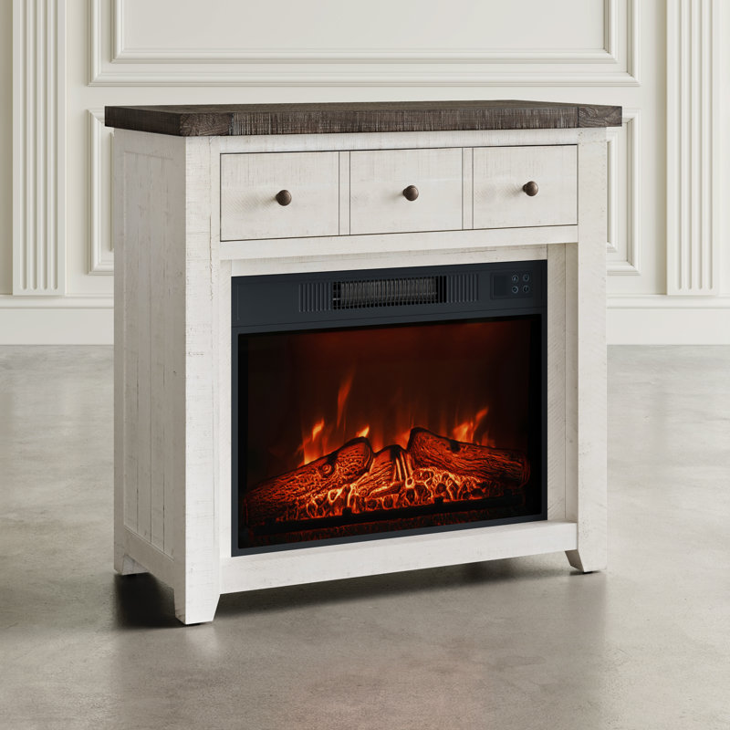 Eradis Solid Wood Rustic 32" Farmhouse Electric Fireplace Console TV Stand - Antique Black, White