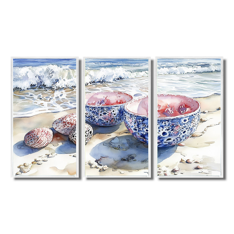 Ensemble de salon de plage en poterie rose et bleu III, Toile encadrée flottée blanche, H 40 po x l 60 po x P 1 po