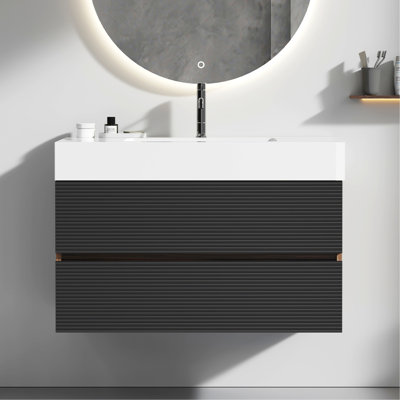 Meuble de rangement mural Grace de 36 po en noyer avec lavabo blanc brillant et éléments noirs mats - Meuble-lavabo moderne