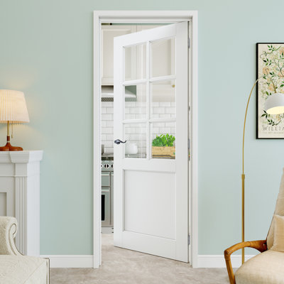 Porte pré-suspendue en verre transparent 30 po x 80 po à 6 lumières avec levier incurvé et charnières argentées, dalle de porte en verre transparent, peint et imperméable, combinaison pour la lessive, portes de placard, portes de pièce, droite