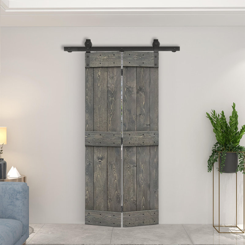Weather Gray Stained Solid Pine Wood Bi-Fold Barn Door with Hardware Kit