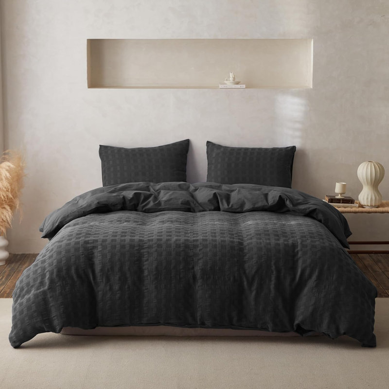 100% Waffle Weave Cotton Duvet Cover Set, Queen, Charcoal Grey